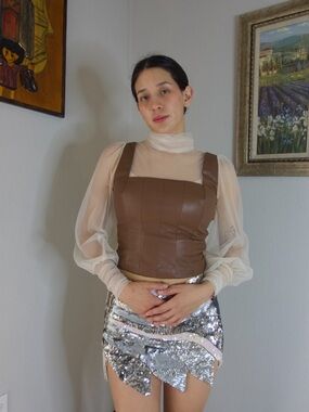 Sunday in Brooklyn Brown Faux Leather Corset Top with Mesh Lantern Sleeves